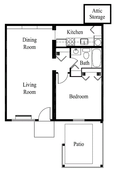 A floor plan of a house with a living room, dining room, kitchen, bedroom, bathroom, and attic storage.